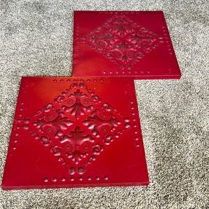Deep red metal tin artwork